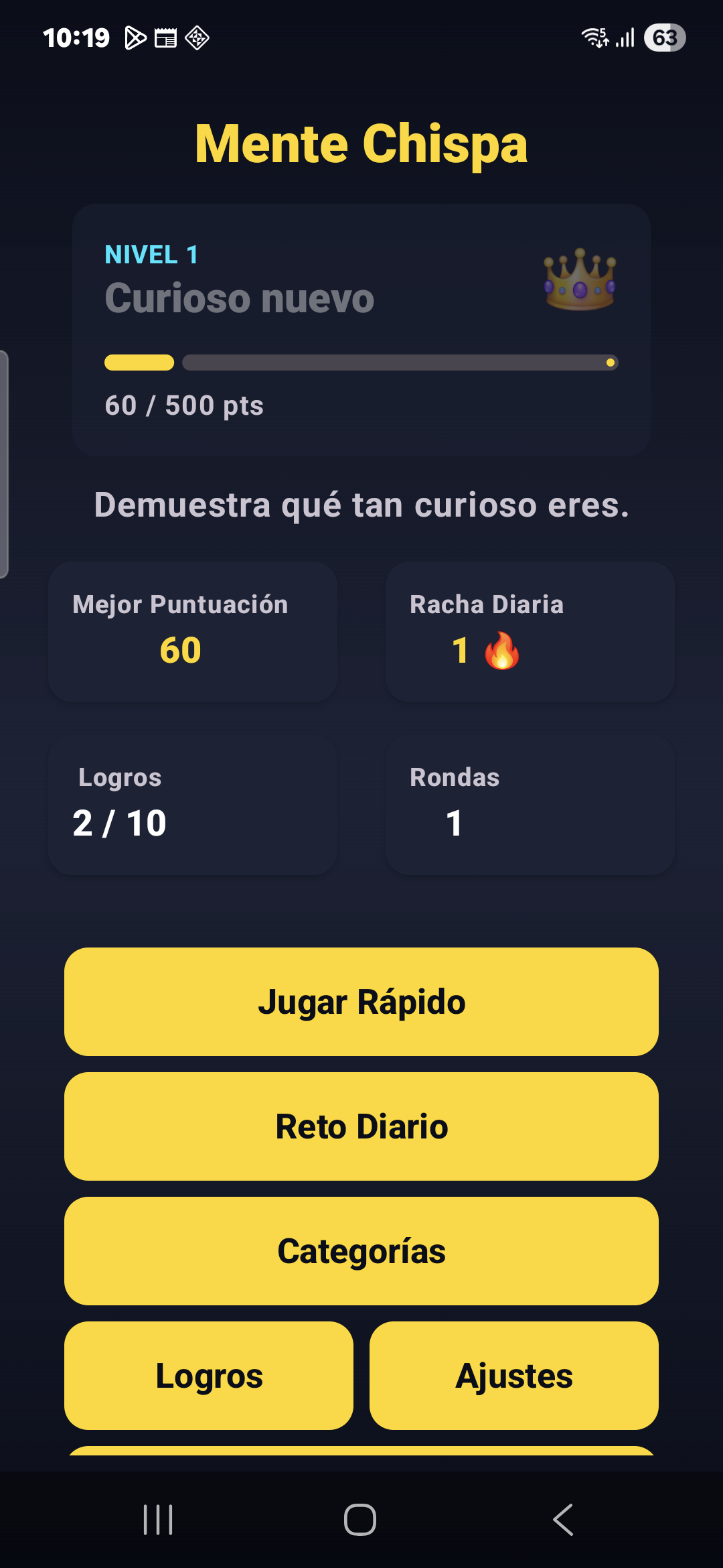 Pantalla principal de Mente Chispa