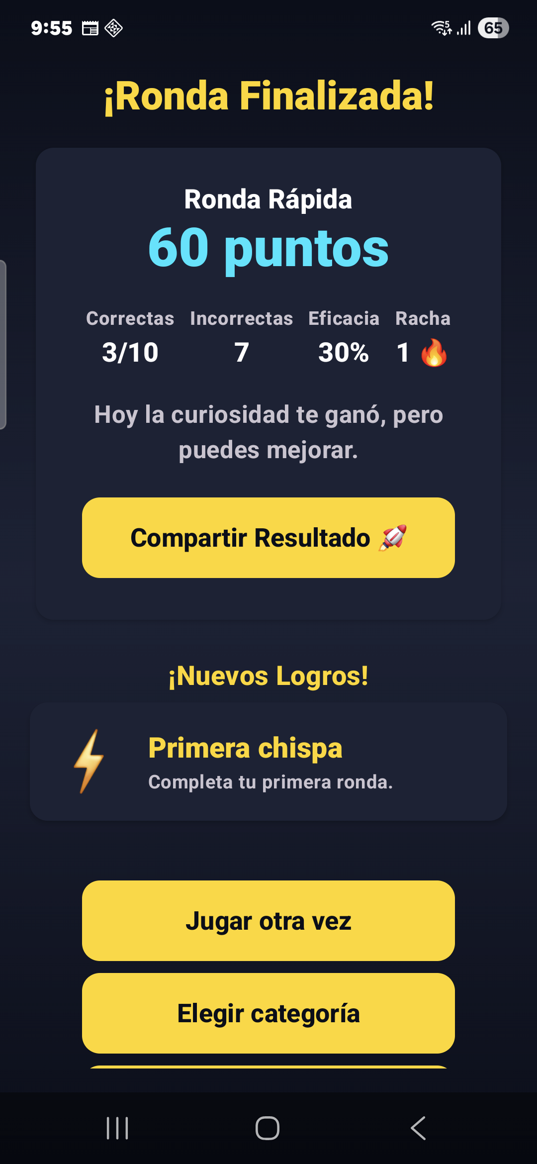 Resultado de una ronda en Mente Chispa