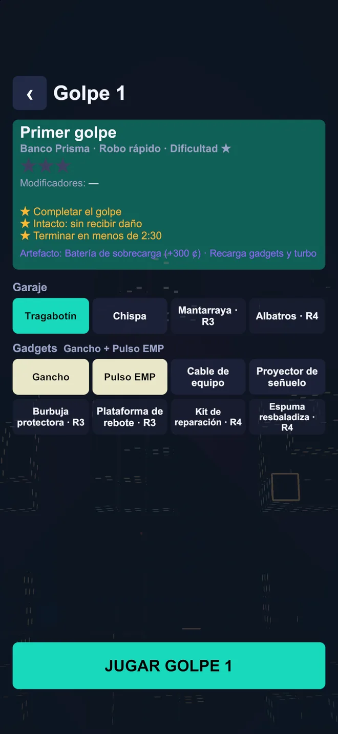 Preparación de un golpe con selección de vehículo y gadgets.